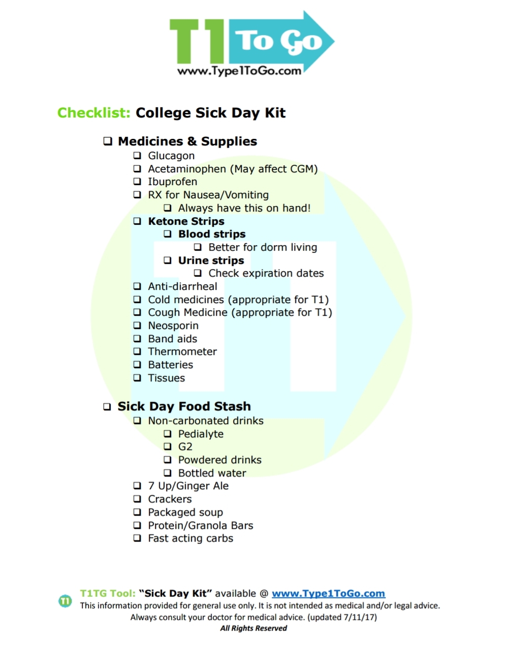 College Sick Day List for Type 1 Diabetics | Type 1 To Go